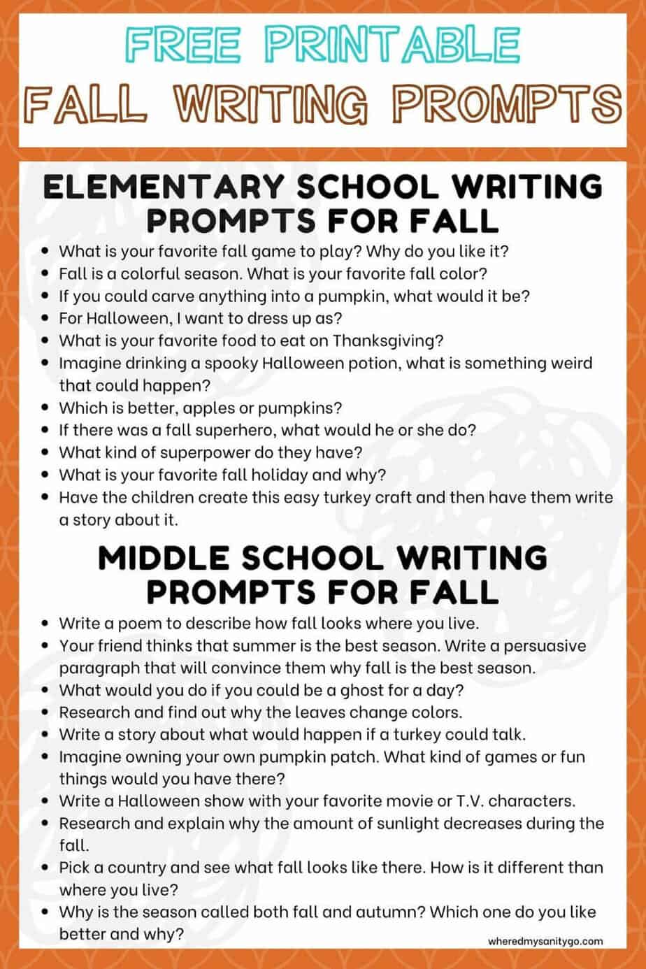 Fall Writing Prompts For Middle School