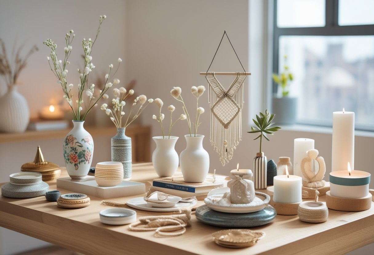 A table displaying 30 elegant and stylish handmade craft projects, including vases, jewelry, pottery, macrame, and candle holders, arranged in a bright room.
