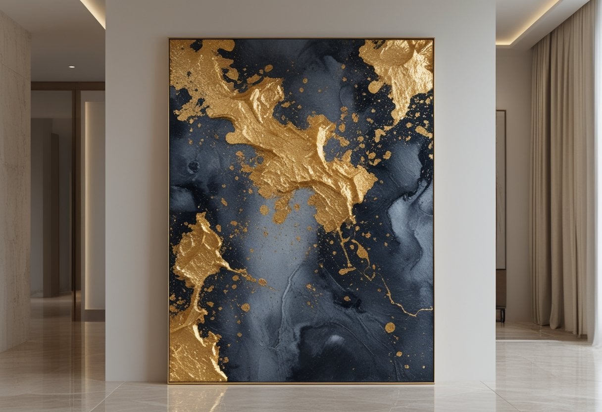 A large abstract painting with gold leaf accents displayed on a wall in a modern, minimalist room.