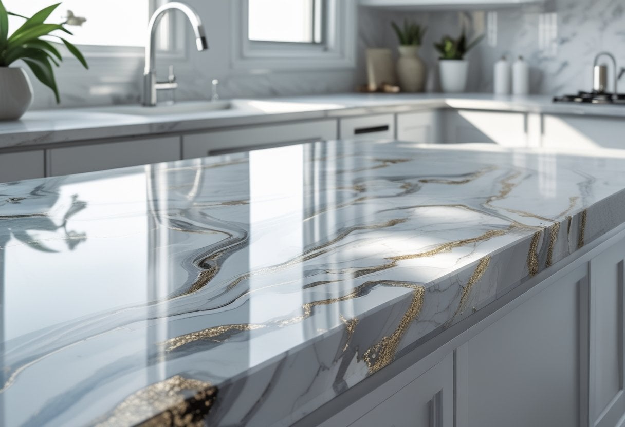 A glossy marble-look faux countertop with swirling white and gray patterns in a modern kitchen setting.