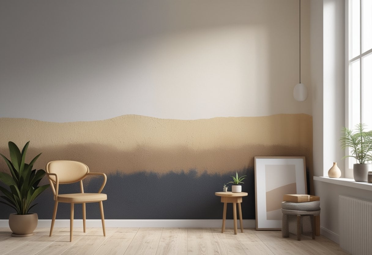 A room with a hand-painted ombre accent wall, wooden chair, side table with a plant, and soft natural light coming through a window.