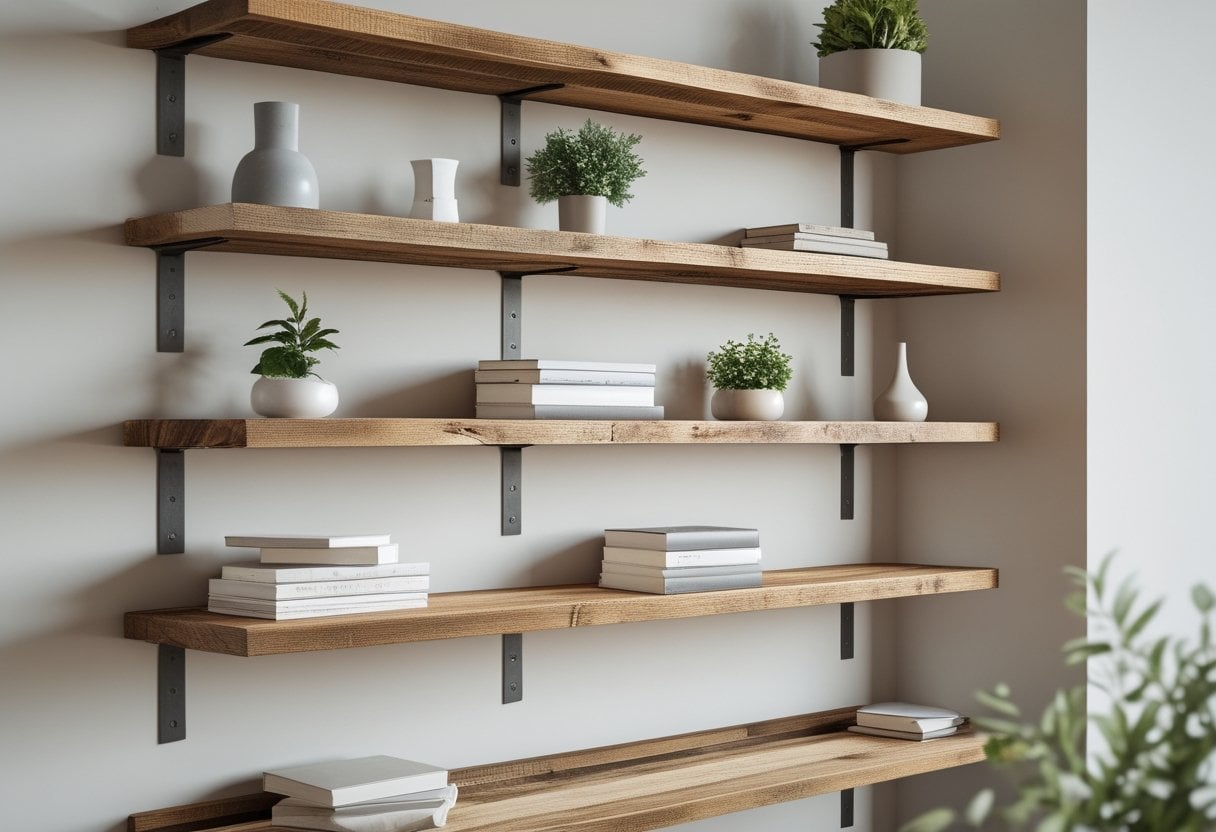 Floating wooden shelves mounted on a wall holding plants, vases, and books in a tidy room.