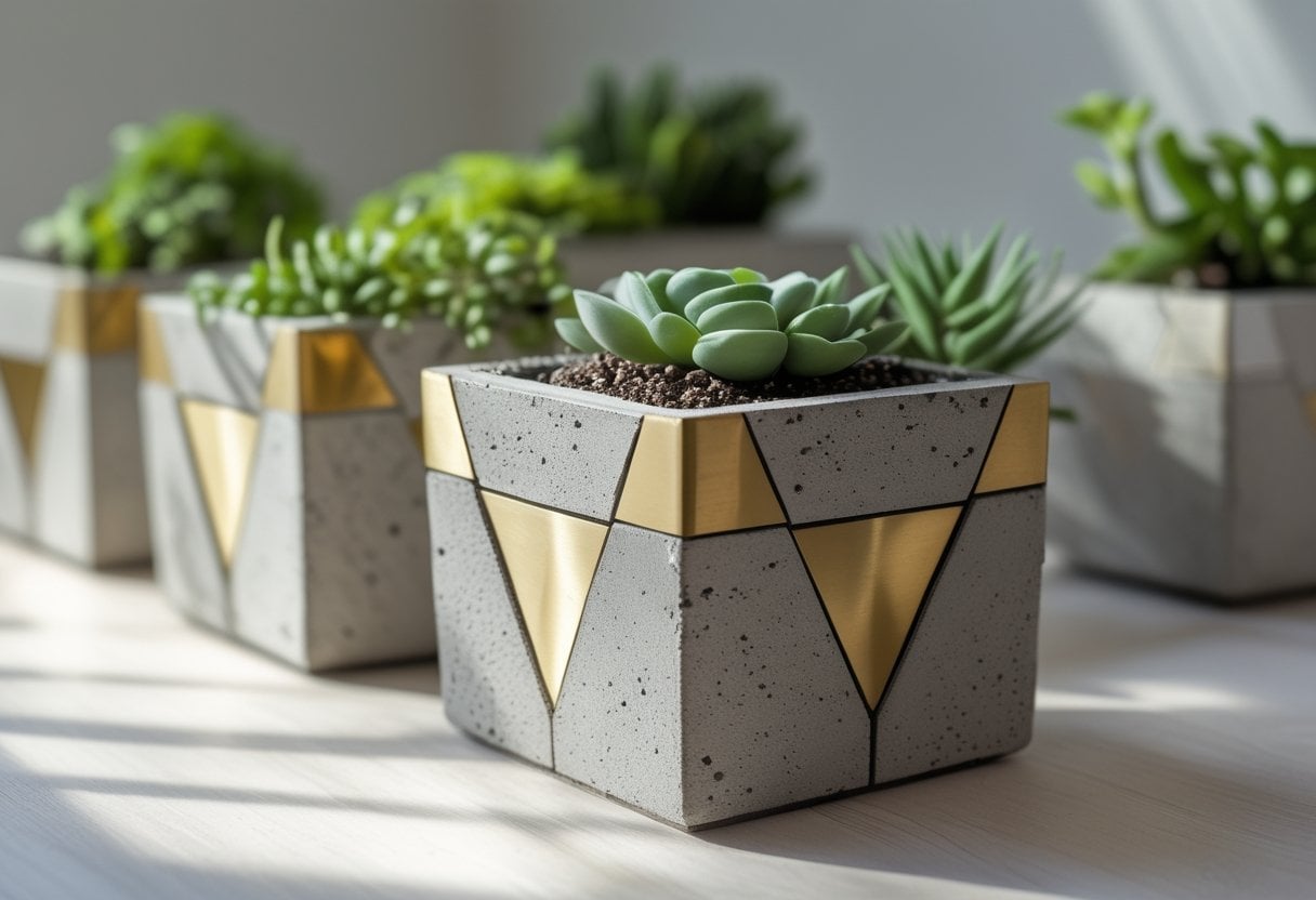 A group of concrete planters with brass inlay holding green succulents on a wooden surface.