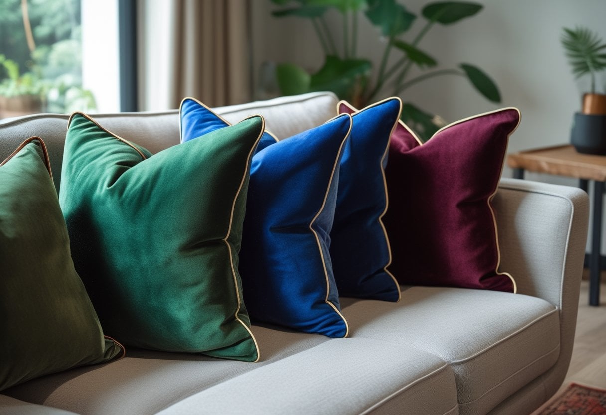 A living room sofa with several velvet throw pillows featuring piped edges in rich colors, arranged neatly with soft natural light.