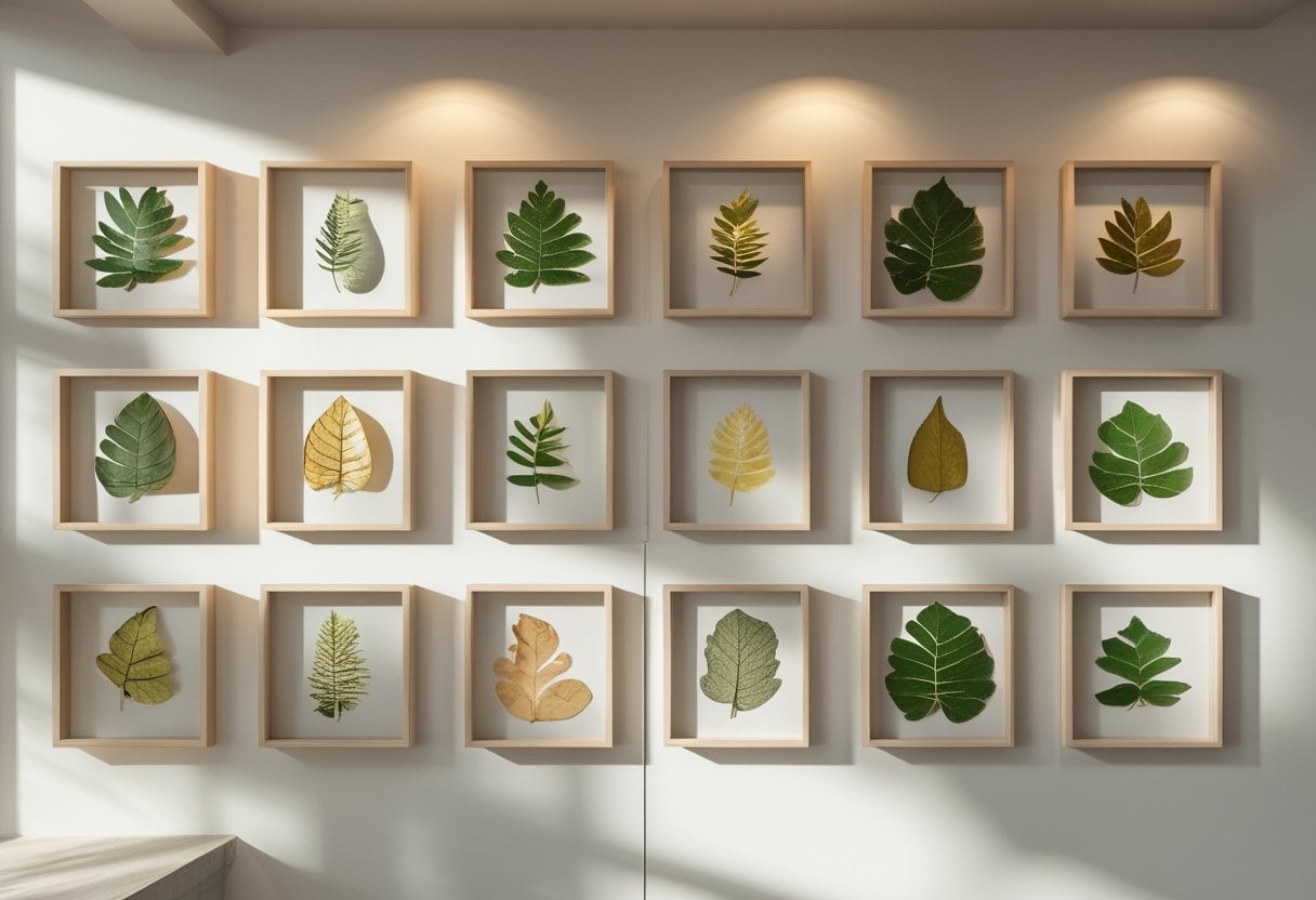 A wall displaying a grid of framed pressed leaves arranged neatly in square frames.