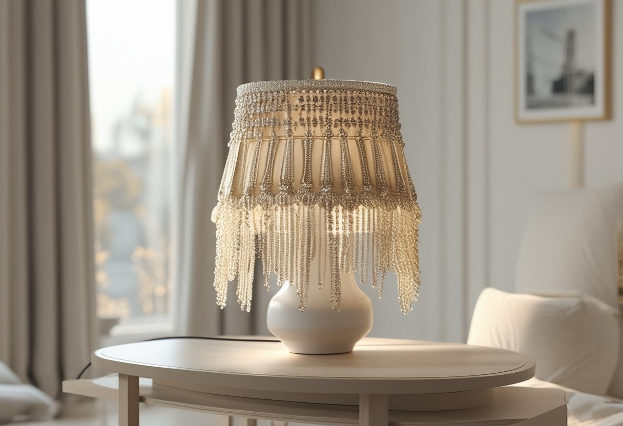 A table lamp with a beaded fringe lampshade sitting on a wooden side table in a softly lit room.