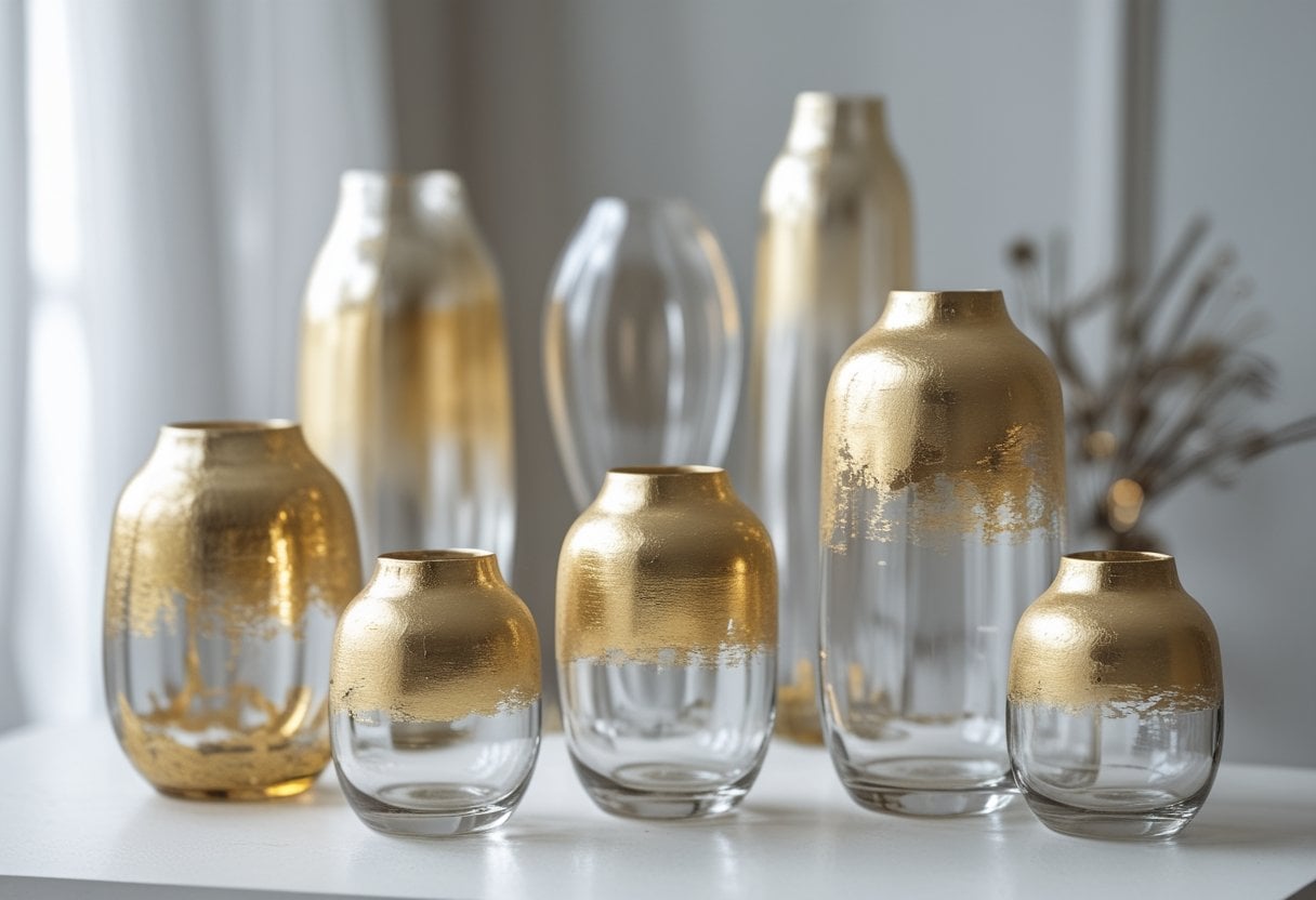 A group of glass vases with gold-dipped tops arranged on a light surface with a softly blurred background.