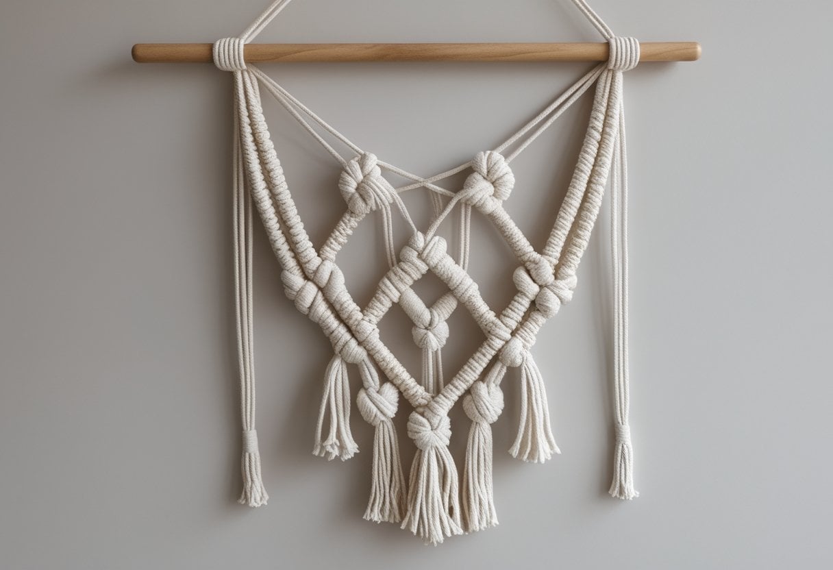 A macramé wall hanging made of knotted cotton fibers on wooden dowels displayed on a plain wall.