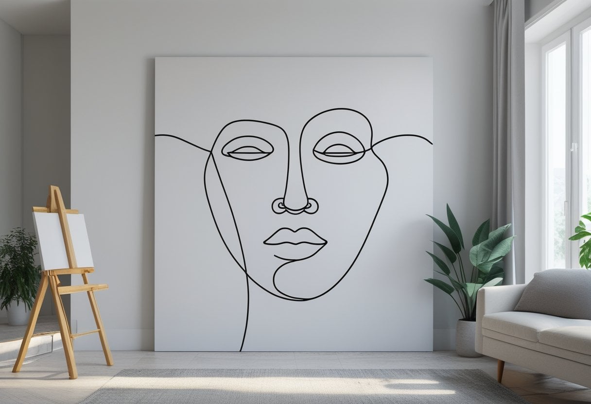 A large canvas with a simple black line drawing of a face displayed in a bright, modern living room with minimal furniture.
