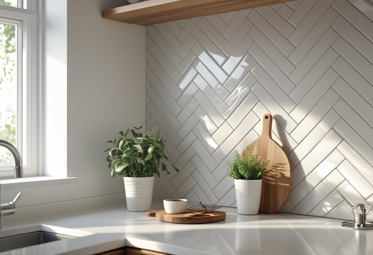 A kitchen backsplash with white and gray herringbone tiles above a countertop with a plant, cutting board, and utensils.