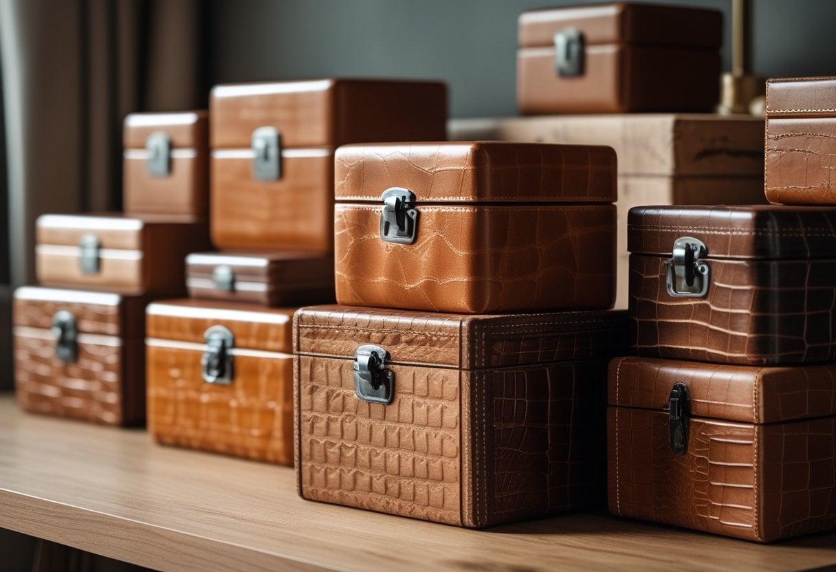 A group of leather-covered decorative storage boxes arranged on a wooden surface with soft lighting.
