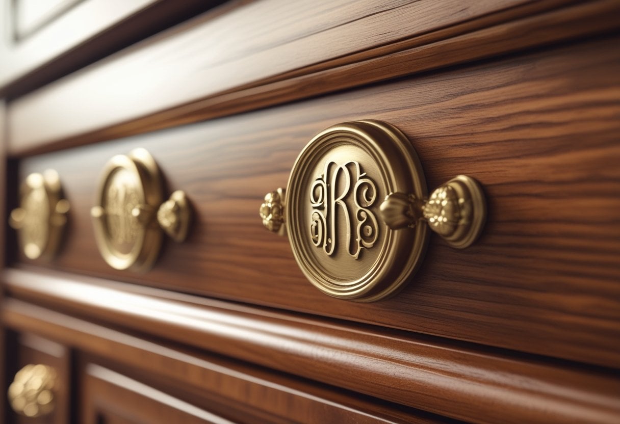Close-up of custom monogram brass drawer pulls on a wooden dresser.