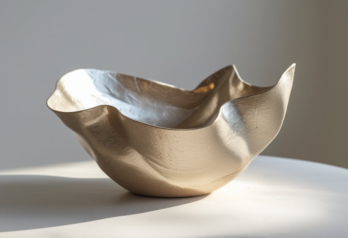 A sculptural papier-mâché bowl with a metallic finish displayed on a light surface with a blurred background.