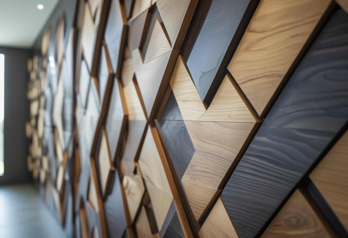 Close-up of geometric wood wall panels with two-tone stained finish showing detailed wood grain and texture.