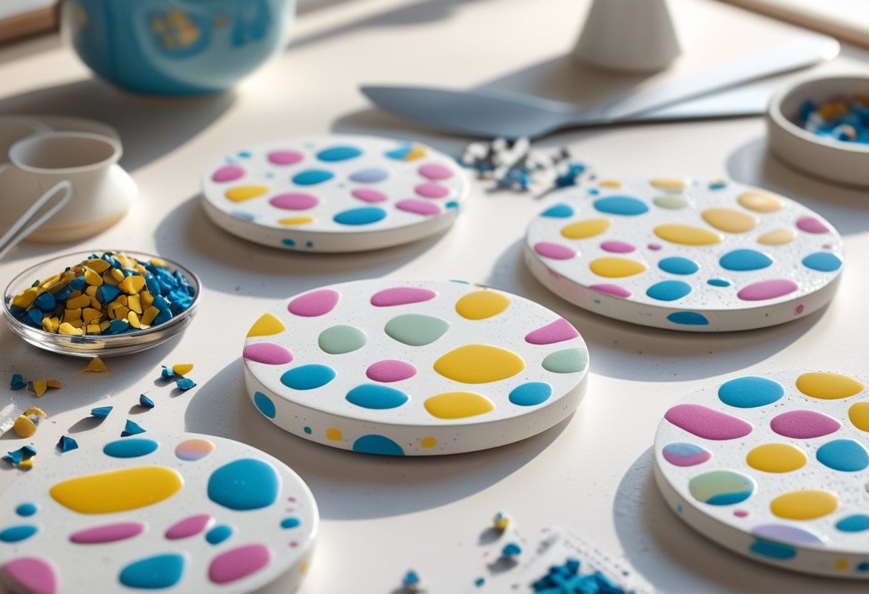 Close-up of colorful terrazzo coasters made with pigment chips on a wooden surface, surrounded by crafting materials.
