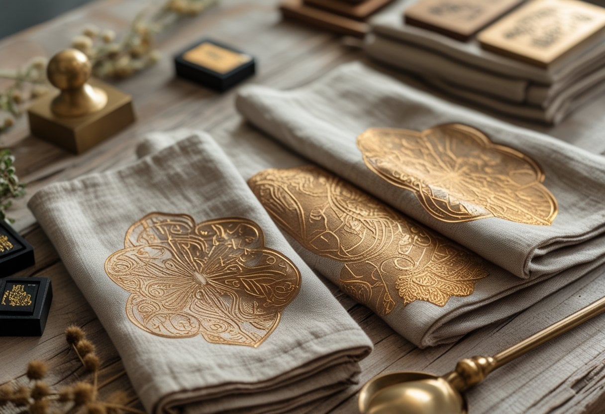 Neatly folded linen napkins with hand-stamped brass designs arranged on a wooden table with crafting tools and dried flowers nearby.