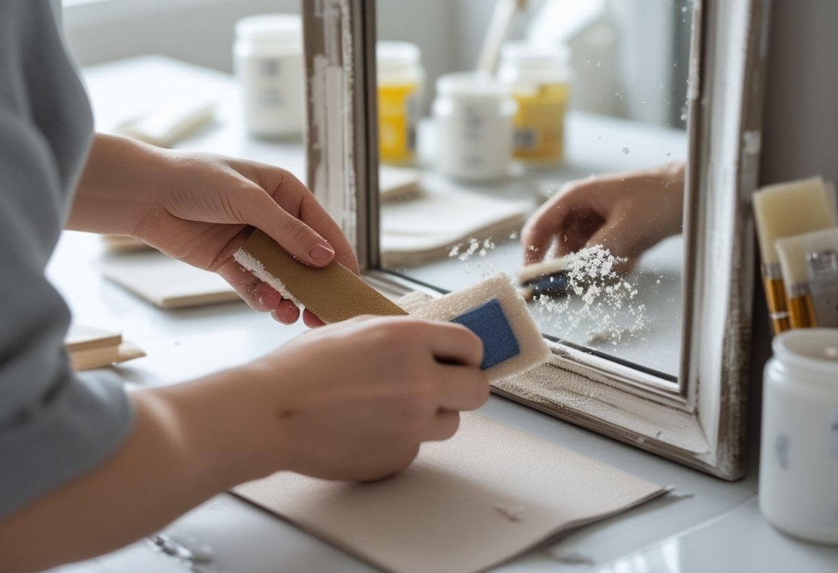 Close-up of hands distressing the edges of a store-bought mirror on a craft table with paint and tools nearby.