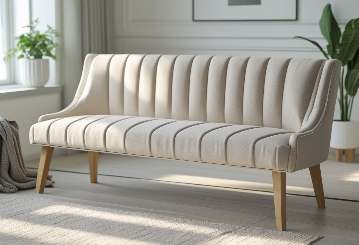 An upholstered bench with vertical tufting placed in a bright living room with wooden legs and decorative accents nearby.