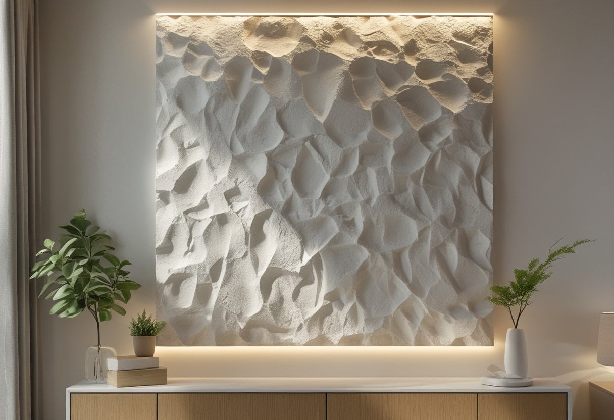 Interior wall with a textured plaster accent panel and a wooden console table with a plant and decorative items.