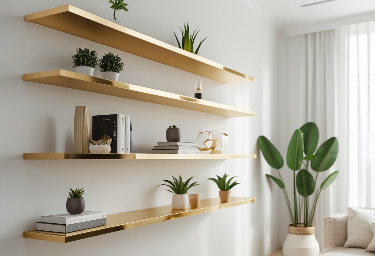 Floating wall shelves with gold foil edges displaying decorative plants, ceramics, and books on a light wall.