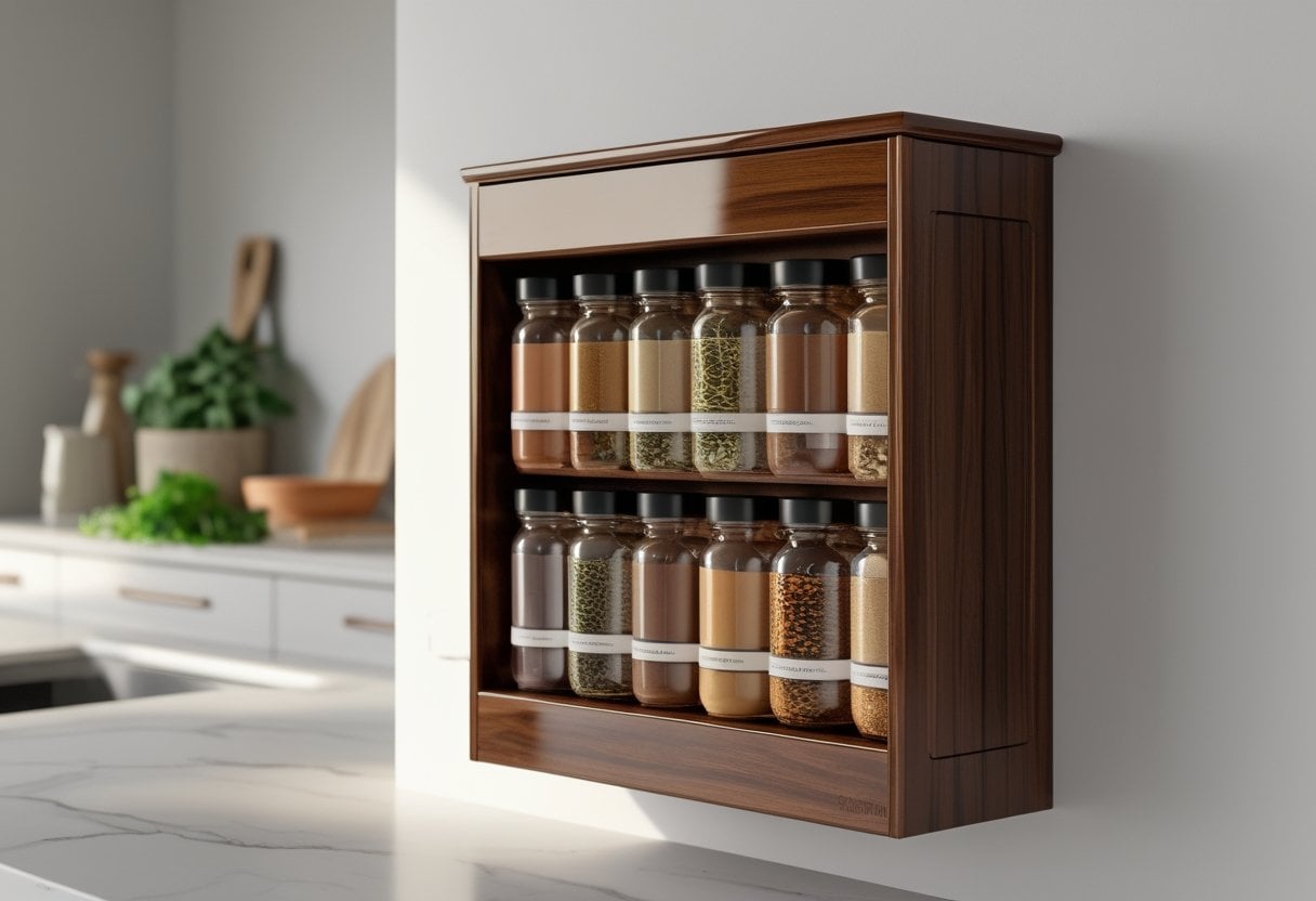 A high gloss walnut finished spice rack mounted on a kitchen wall holding spice jars with a marble countertop and fresh herbs in the background.