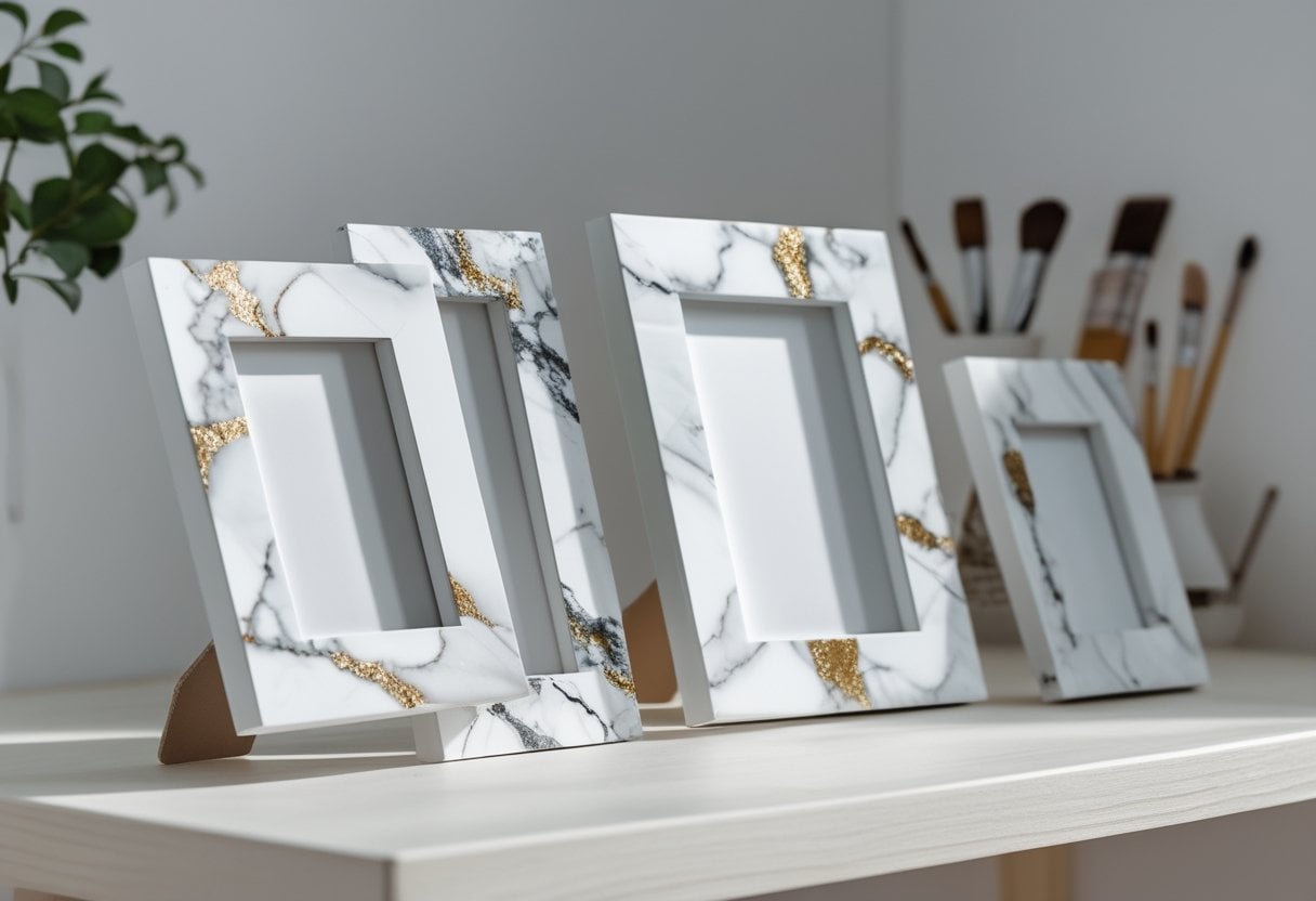 A collection of painted faux-marble picture frames displayed on a wooden surface with crafting tools and a small plant in the background.