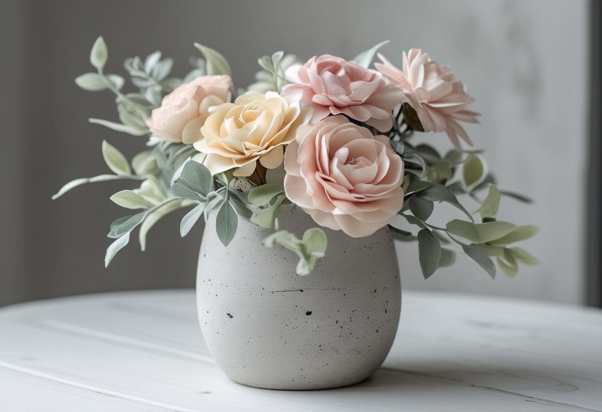 A silk floral arrangement in a concrete vase on a wooden surface with a blurred neutral background.