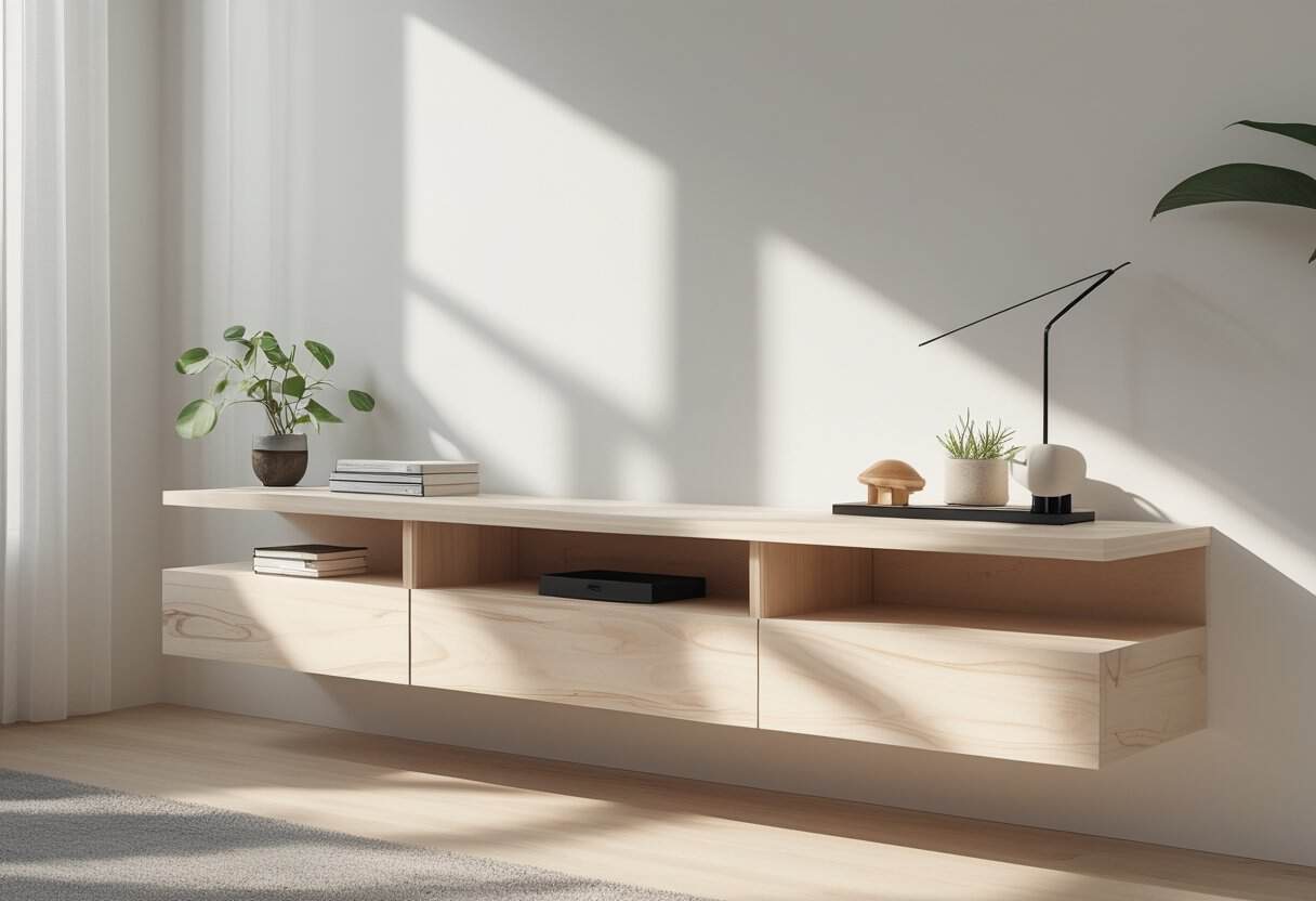 A floating plywood media console mounted on a white wall with decorative items on top in a bright living room.