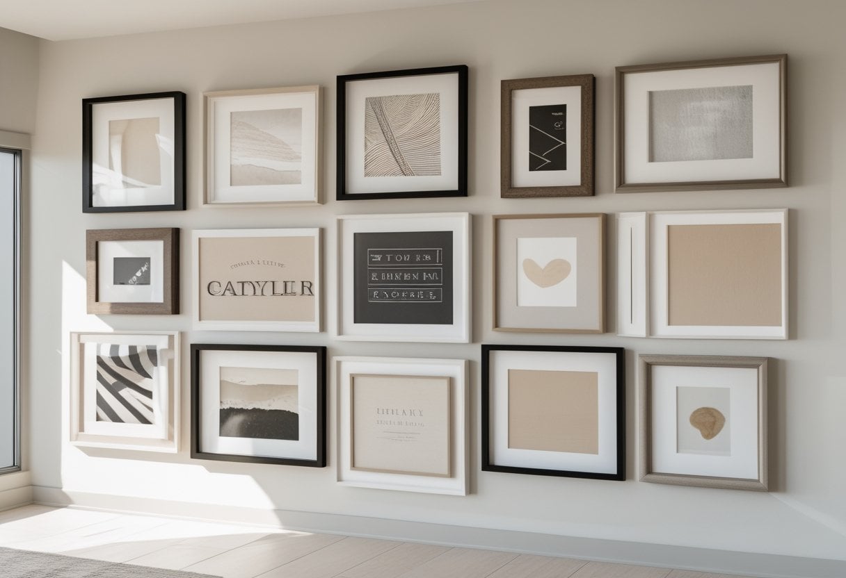A gallery wall with multiple framed artworks arranged in overlapping layers on a light-colored wall.