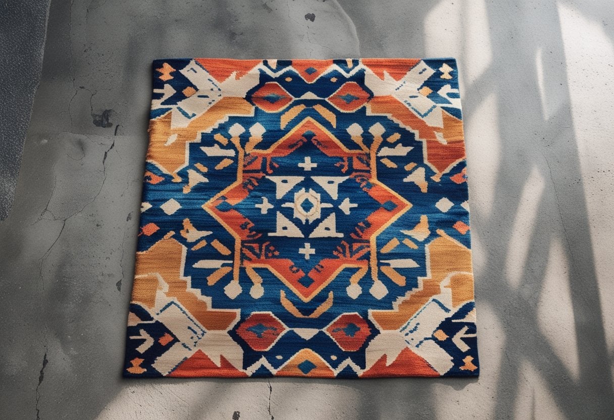 A colorful Moroccan tile rug with geometric patterns on a concrete floor.
