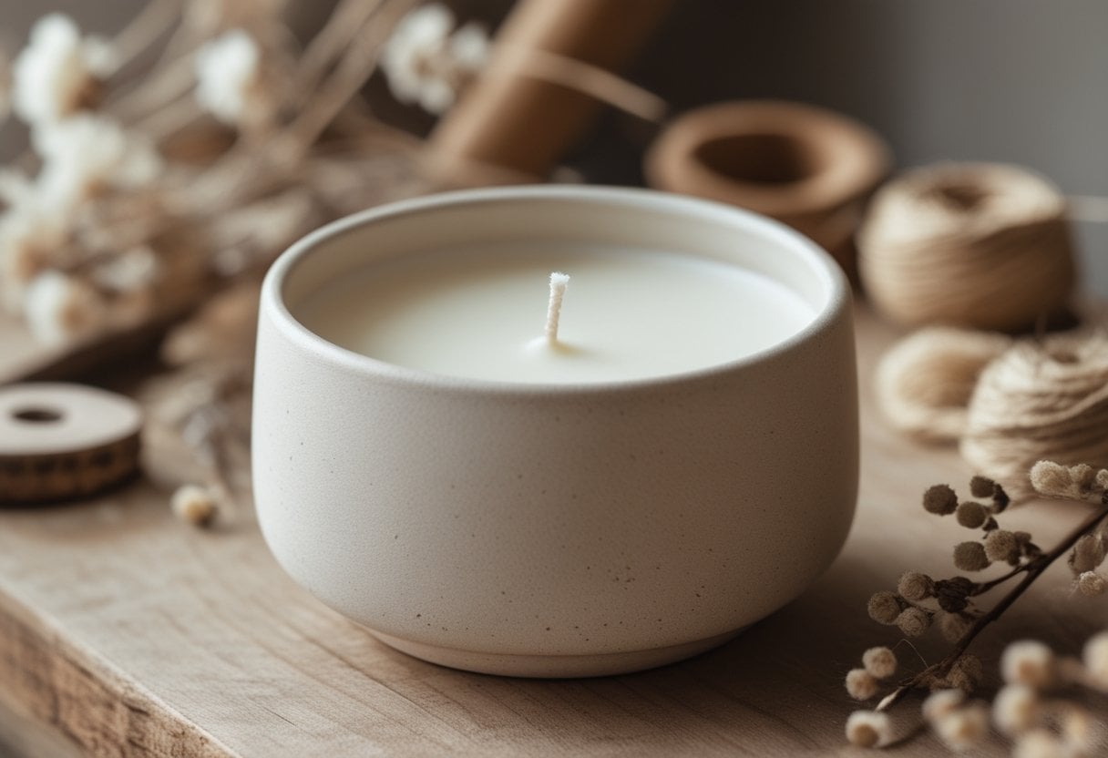 A close-up of a hand-poured soy candle in a ceramic vessel on a wooden surface with dried flowers and craft materials around it.