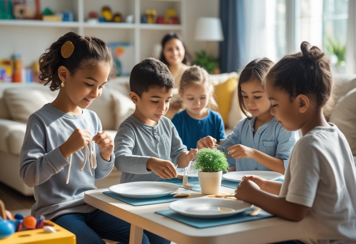 Children in a family living room practicing life skills like tying shoelaces, setting the table, and watering plants while a parent watches.