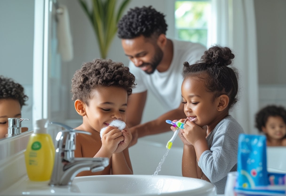 A family with children washing hands, brushing teeth, and bathing in a bright bathroom.