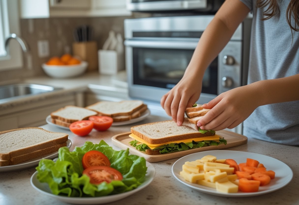 An adult and child making a sandwich together on a kitchen counter with fresh ingredients and simple snacks nearby, while reheating food safely in a microwave.