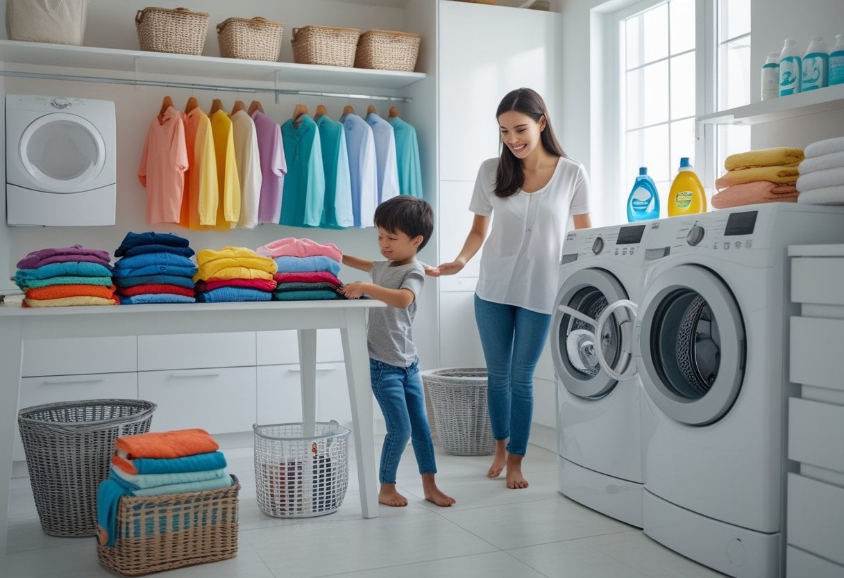 A parent and child sorting clothes and loading a washing machine in a bright laundry room.
