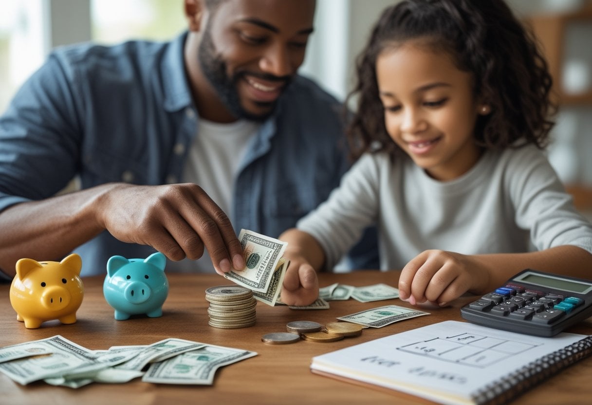A parent and child counting cash and making change together at a table with piggy banks and a calculator.