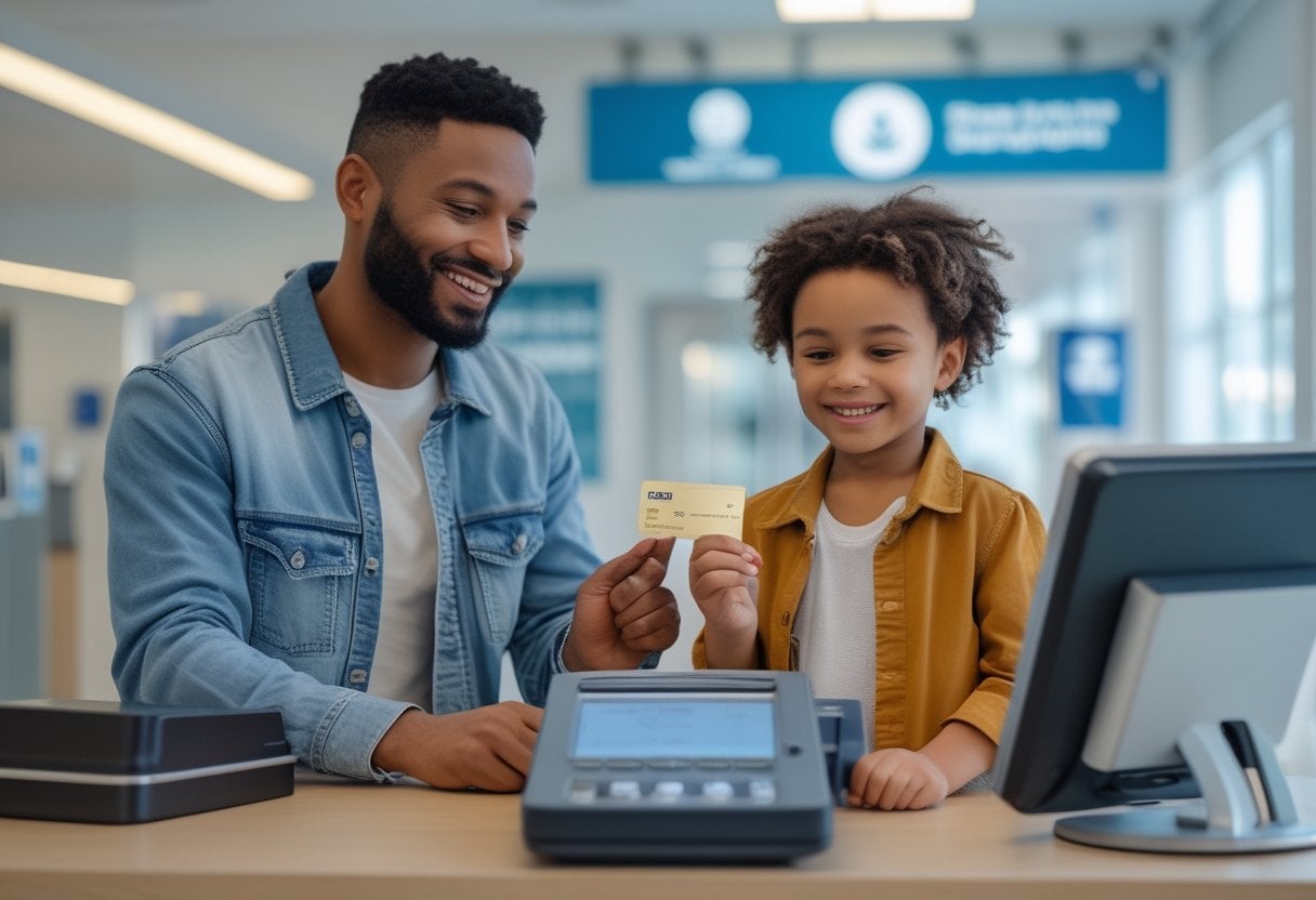 A parent and child at a bank using an ATM and opening a bank account together.