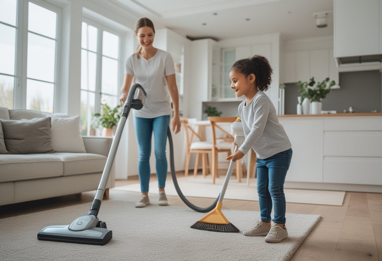 A parent and child cleaning a living room together, vacuuming and sweeping, with kitchen surfaces being sanitized in the background.