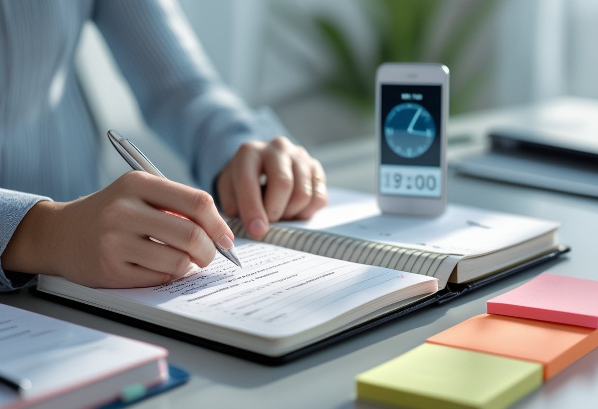 Hands writing in a planner with a smartphone timer and prioritized task notes on a desk.