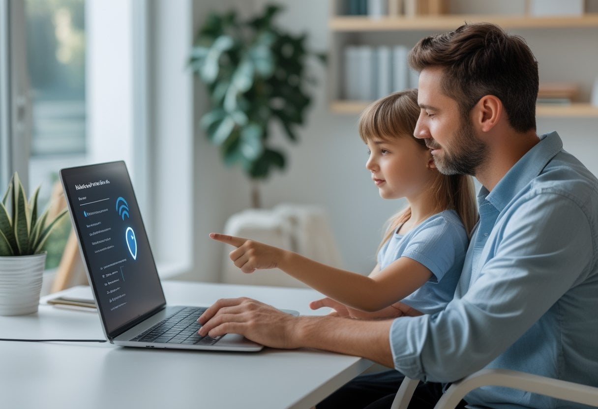 A parent and child sitting together at a desk using a laptop, with the parent guiding the child in a bright, home setting.