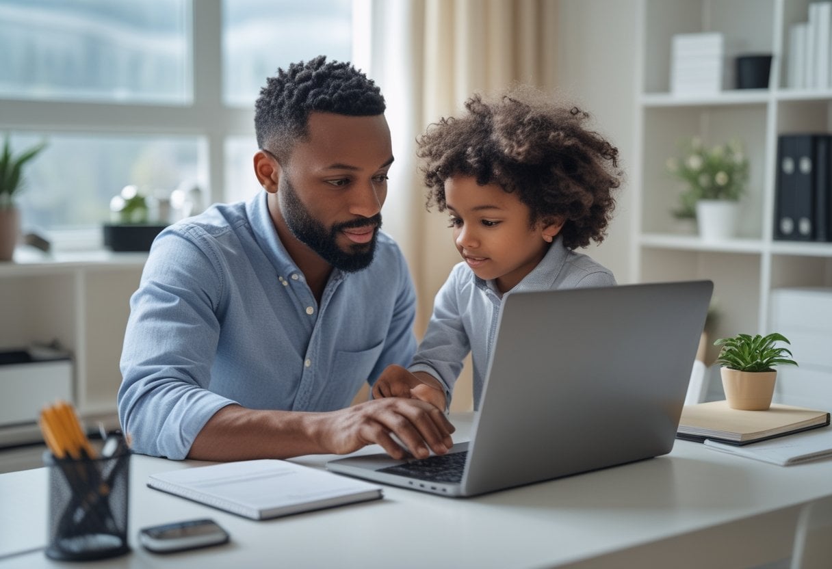 A parent and child working together at a desk with a laptop, focusing on creating and securely storing passwords.