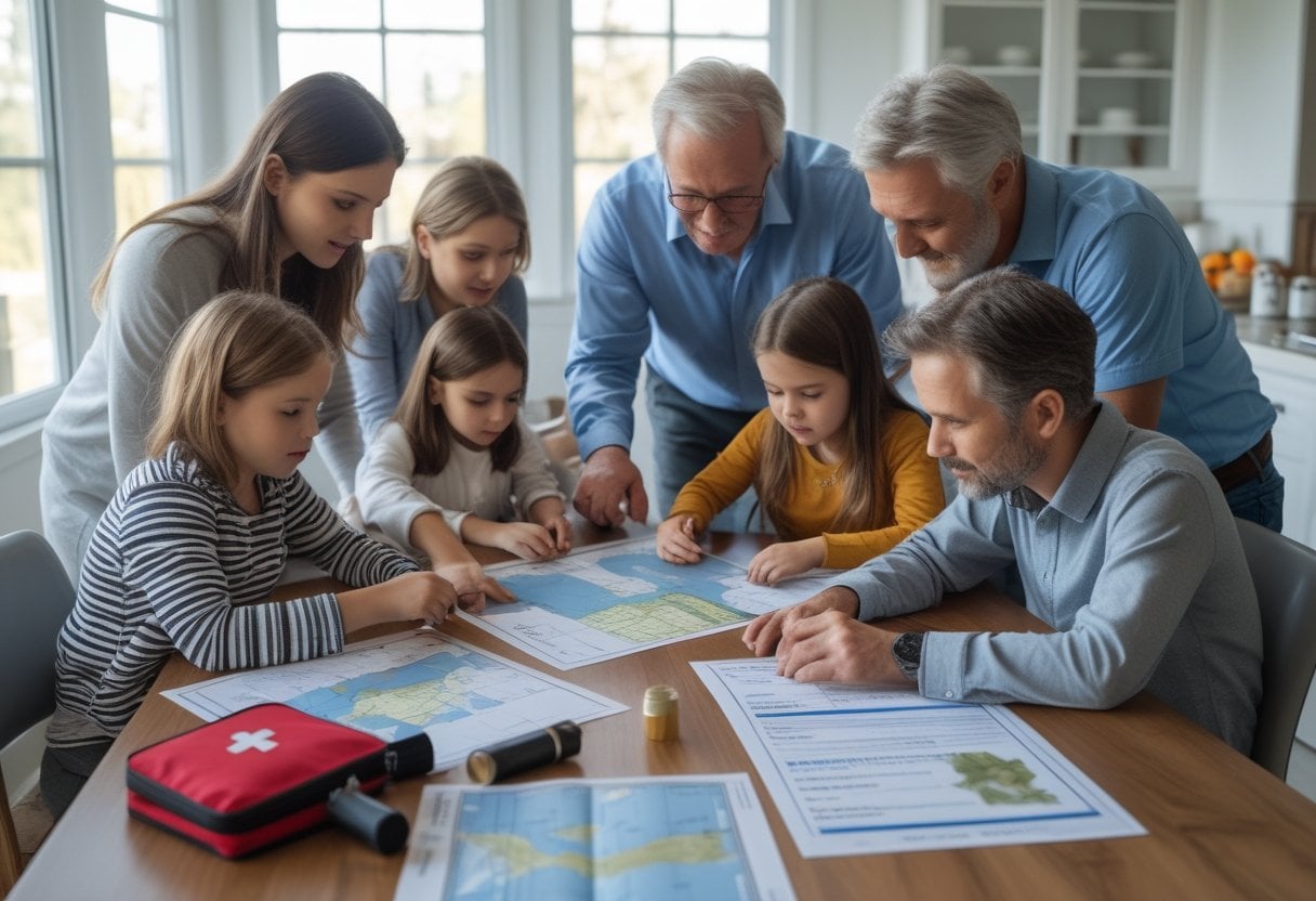 A family of multiple generations sitting around a table, working together on an emergency preparedness plan with supplies and documents.