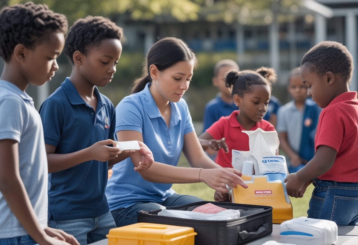 An adult teaching a group of children first aid skills including bandaging an arm and practicing CPR on a mannequin outdoors.