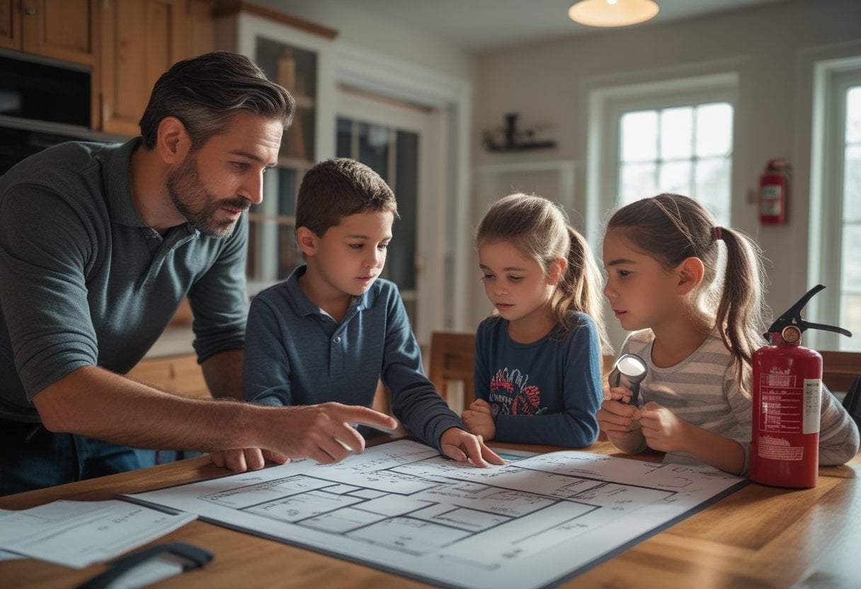 A family of four reviewing a fire escape plan together at home with a smoke detector and fire extinguisher visible.