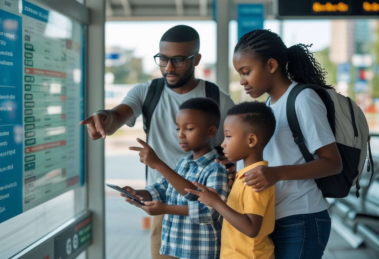 A parent and two children reading a public transportation schedule and preparing to buy tickets at a bus stop.
