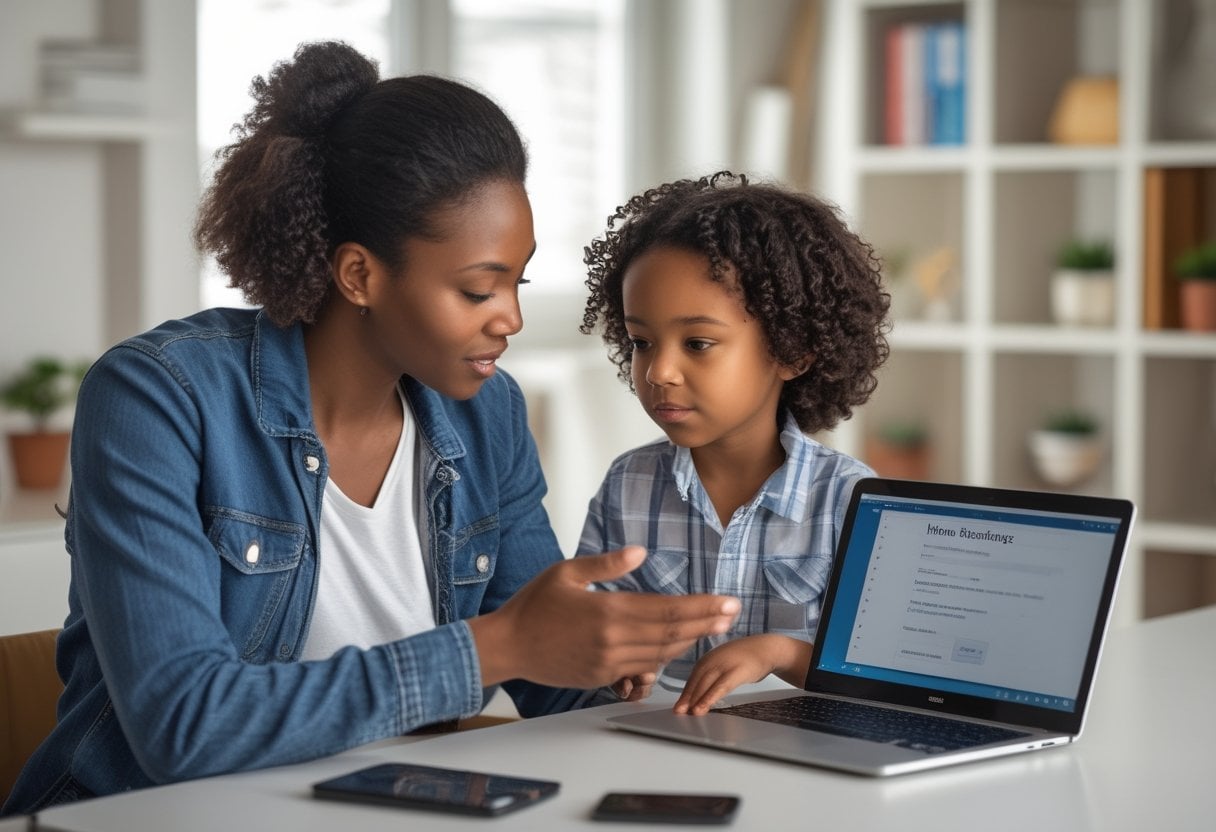 A parent and child sitting at a desk with a smartphone and laptop, engaged in a conversation about phone and email etiquette.