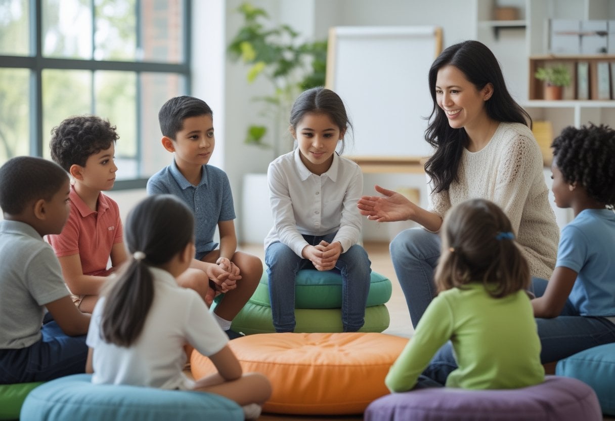 A group of children and an adult sitting in a circle in a classroom, engaged in a calm and respectful discussion.