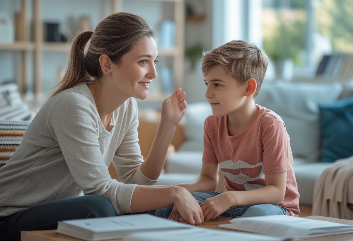 An adult attentively listening and giving feedback to a child in a bright, comfortable room.