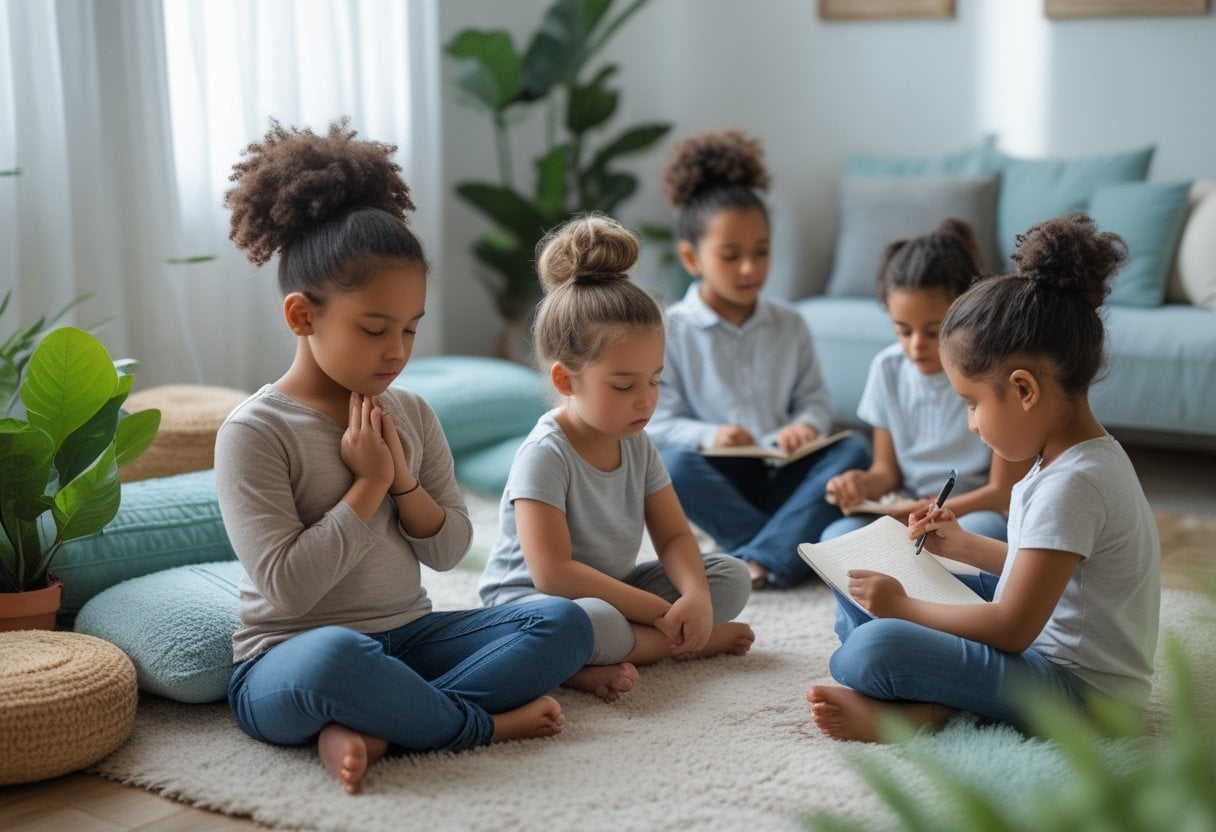 Children and an adult practicing breathing, grounding, and journaling techniques together in a calm, bright room.