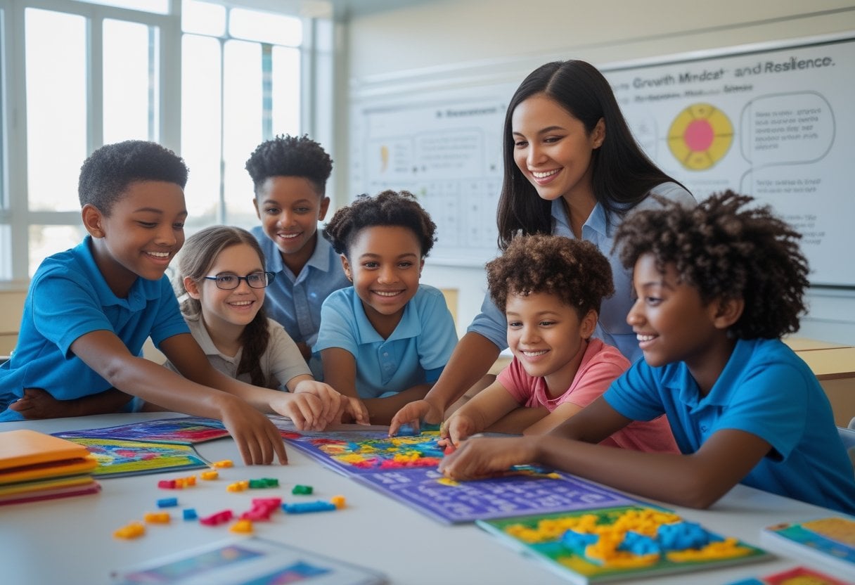 A group of children and a teacher working together around a table in a bright classroom, engaged in a learning activity.